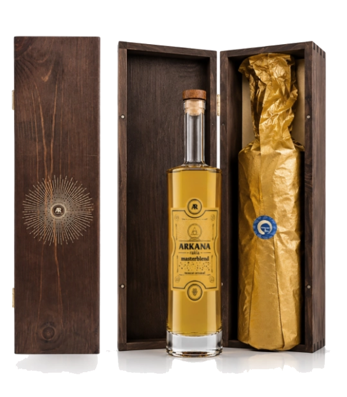 Rakia Arkana Master Blend 2 1.5l in a deluxe wooden box