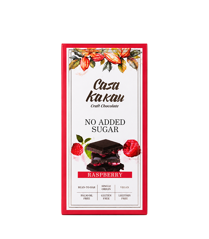 Casa Kakau Artisan Dark Chocolate with Raspberries – No Added Sugar.