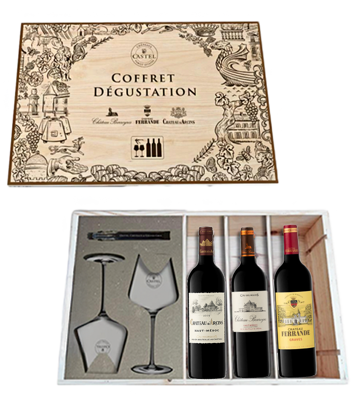 Tasting set Bordeaux in wooden box with 2 glasses and corkscrew
