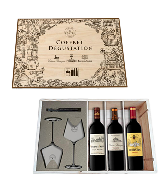 Tasting set Bordeaux in wooden box with 2 glasses and corkscrew