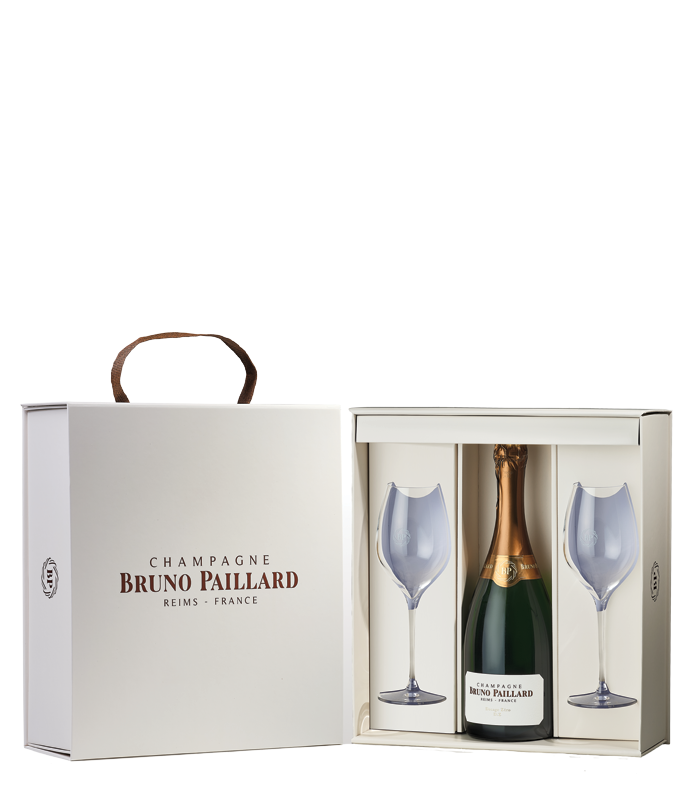 Package Champagne Bruno Paillard Dosage Zero with luxury box and two glasses