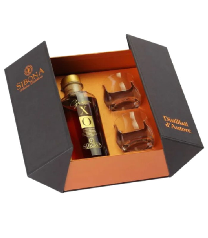 Grappa XO Sibona in gift box with two glasses