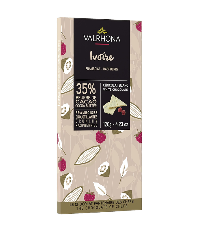 French chocolate Valrona Gourmet Ivory with pieces of raspberry 35%