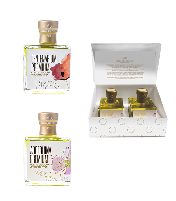 Extra Virgin Olive Oil Nobleza del Sur Centenarium and Arbequina Premium, 2 cute bottles of 100 ml