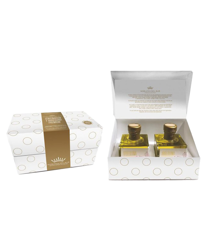 Extra Virgin olive oils Nobleza del Sur Centenarium and Arbequina Premium - 2 bottles of 100 ml in a neat luxury set