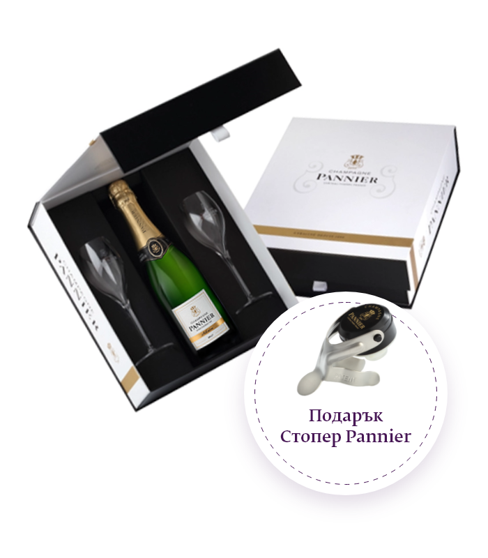 Кутия с шампанско Pannier с две чаши + подарък стопер Pannier
