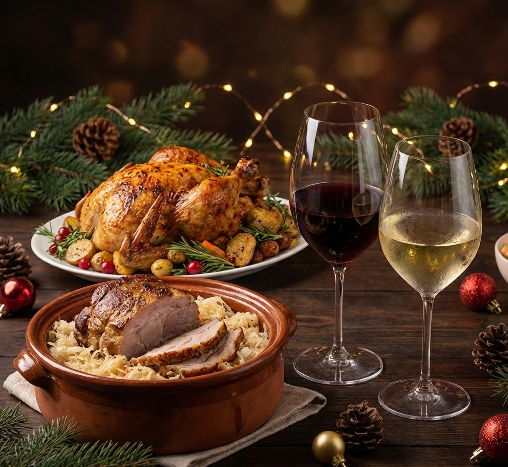 Печено свинско с кисело зеле и пуйка, сервирани с червено и бяло вино