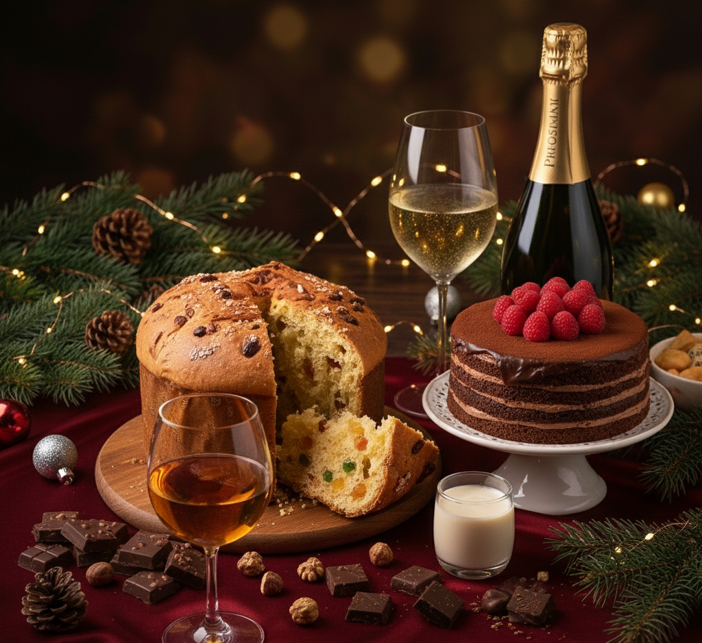 Панетоне, торта и шоколад, сервирани с десертни вина и ликьори