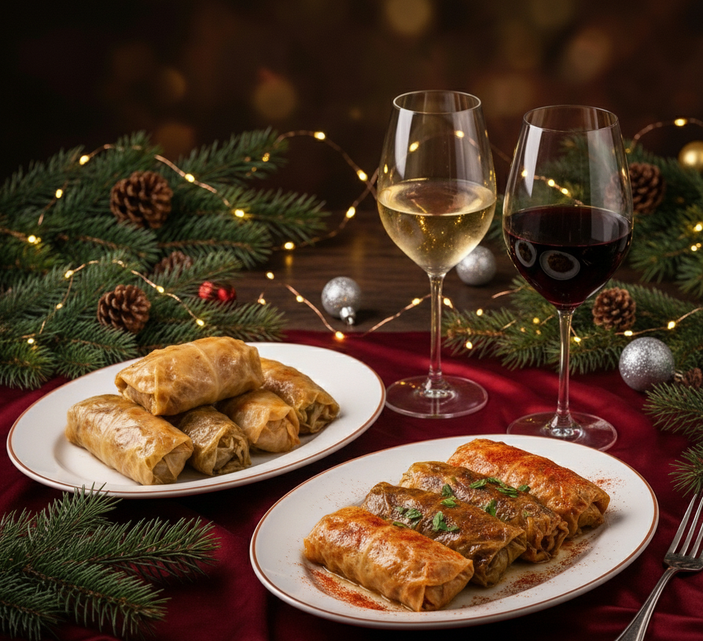 Постни и месни сарми, сервирани с бяло и леко червено вино