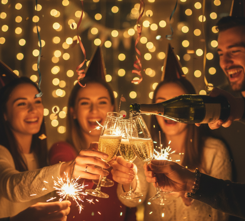 Шампанско и пенливи вина, вдигнати за наздравица в полунощ