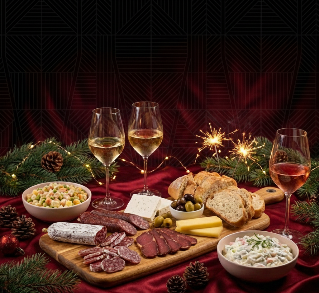Салати, мезета и плато със сирена, поднесени с вино за Нова година
