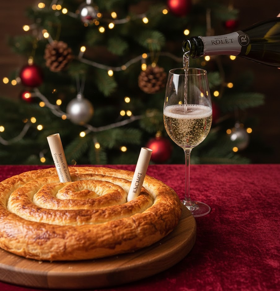 Баница с късмети, сервирана с чаша пенливо вино